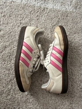 adidas Women’s White Sneakers with Pink Stripes and Brown Sole